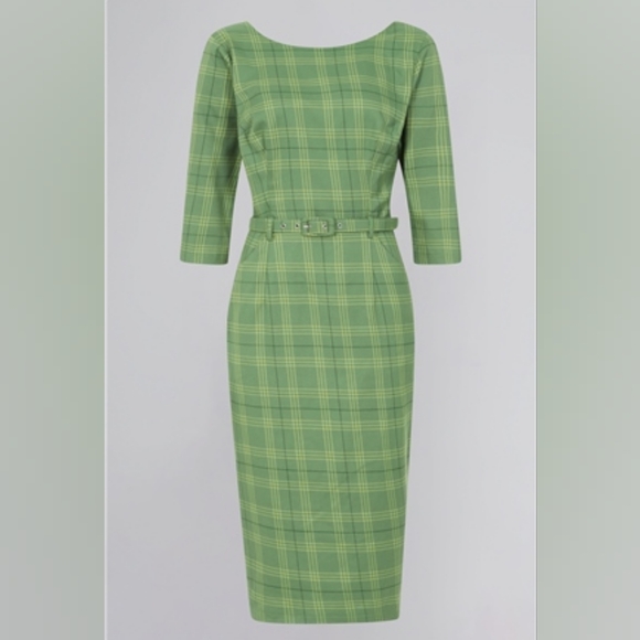 NWOT Collectif Adaline Leaf Check Green Plaid Fitted Wiggle Dress - Picture 1 of 15